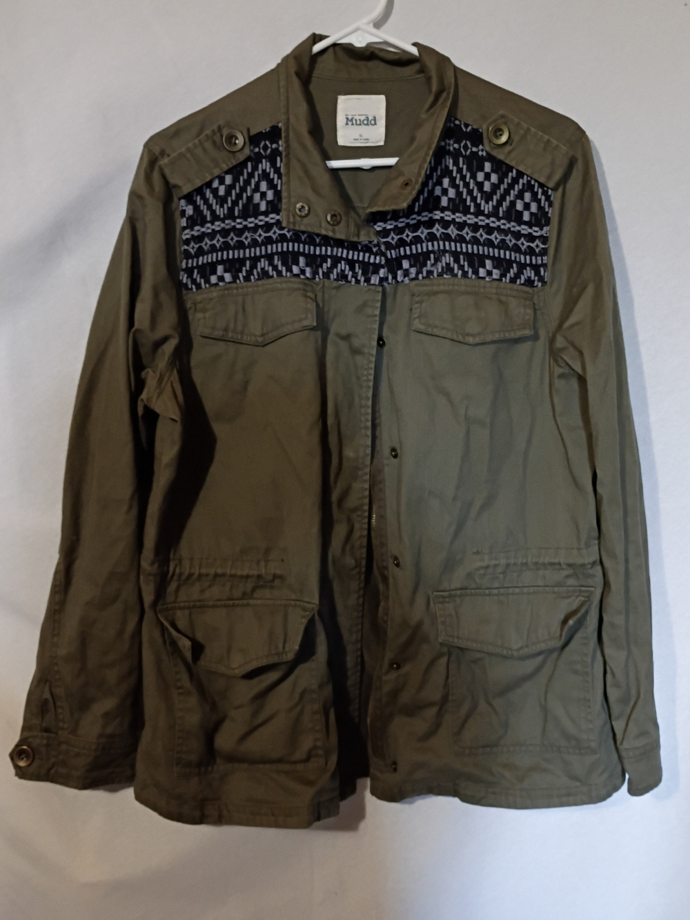 Womens Olive Green Utility Jacket with Patterned Yoke